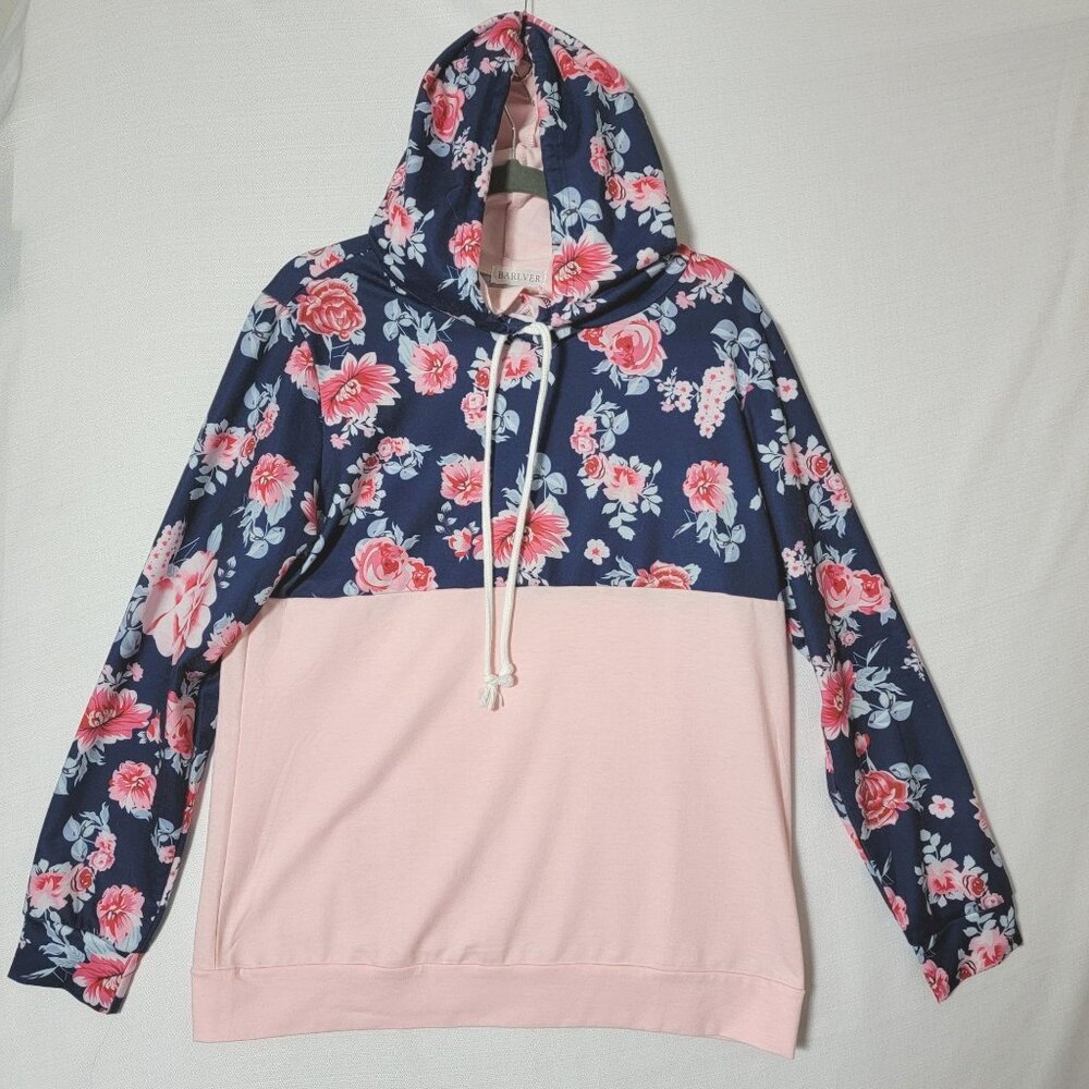 Barlver Hooded Sweatshirt  Womens Size Large Long Sleeve Lightweight Pink Floral